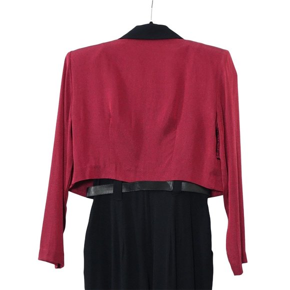 Black Wine Jumpsuit, with Cropped Jacket, Jaquard Floral Pattern, by Dawn Joy II - Picture 4 of 10